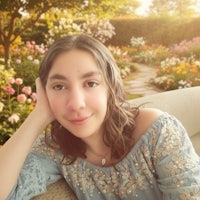 a young girl sitting on a couch in a garden